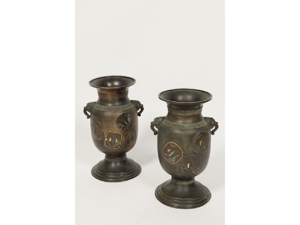 Appraisal: A PAIR OF JAPANESE BRONZE VASES of archaistic form each