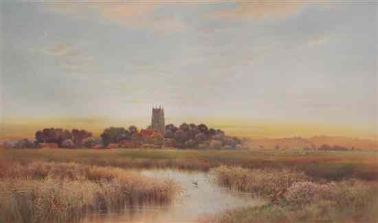 Appraisal: Thomas Noelsmith - watercolour Landscape at sunset with church and