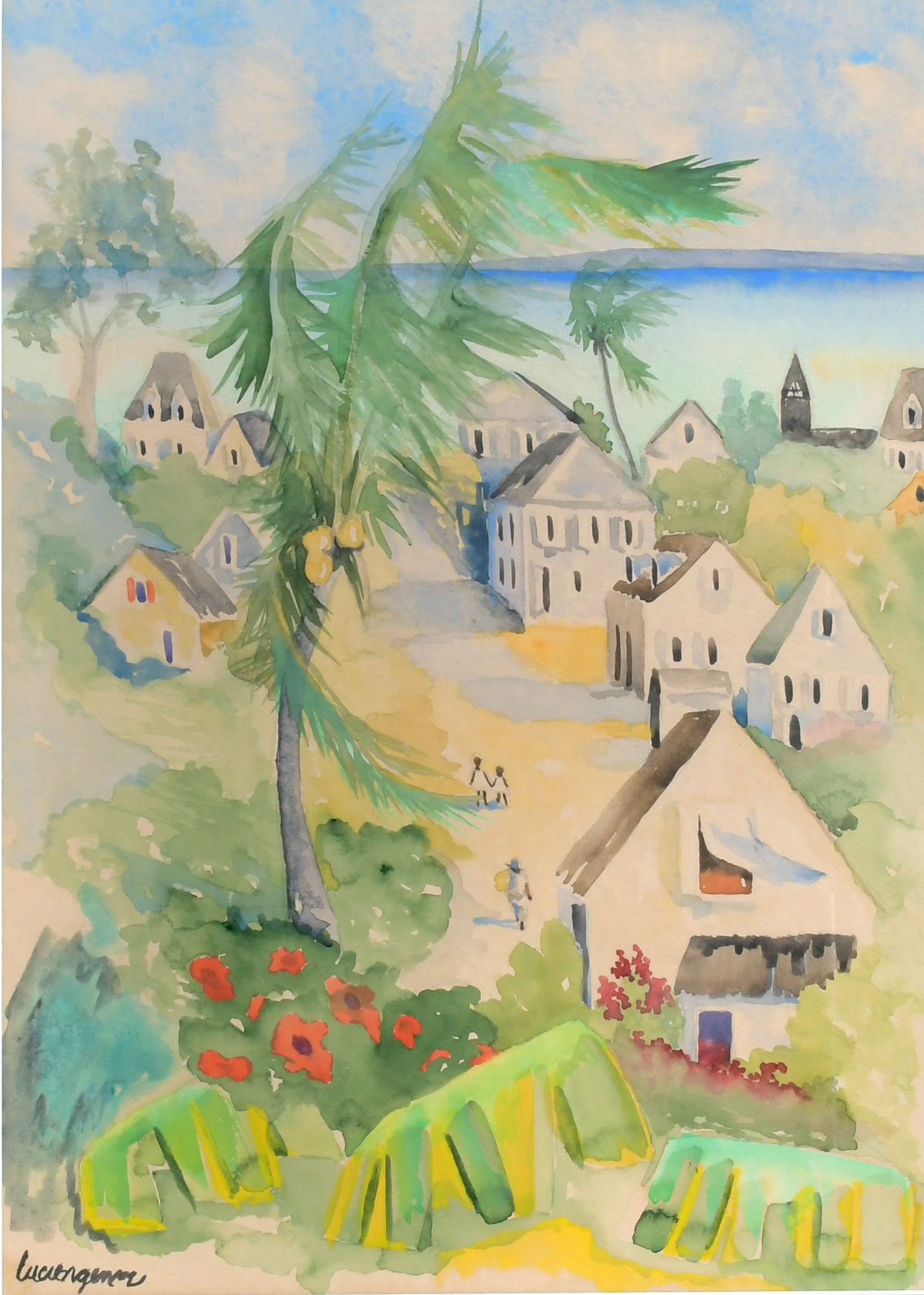 Appraisal: GENIN Lucien French - Tropical Village Scene with Figures Watercolor