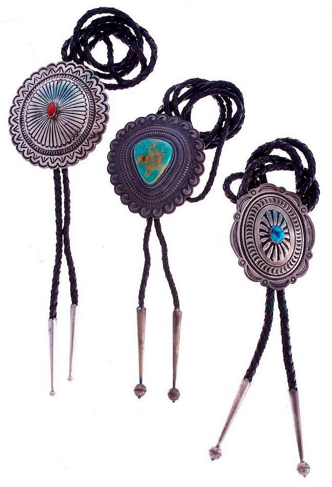 Appraisal: NAVAJO BOLOS Three Vintage Navajo bolo ties turquoise coral and