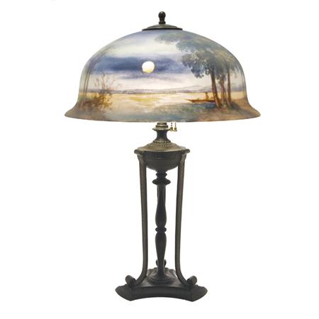 Appraisal: Pairpoint Reverse Painted Glass and Bronze Patinated-Metal Two-Light Lamp Estimate