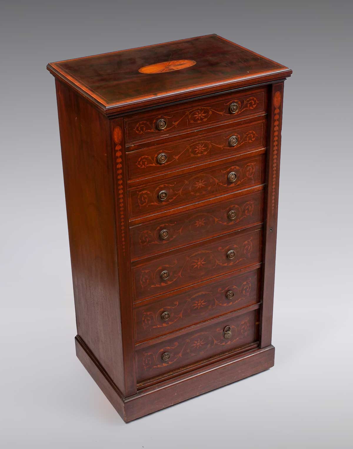 Appraisal: PETITE MARQUETRY INLAID DRAWER LOCK SIDE CHEST Pottier Stymus Quality