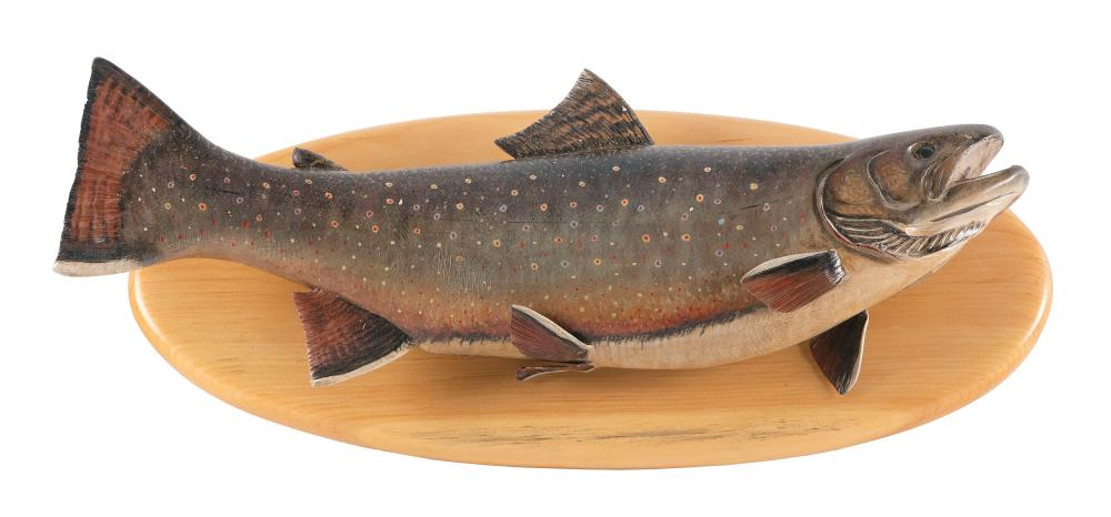 Appraisal: MIKE BORRETT CARVED BROOK TROUT WISCONSIN B TROUT LENGTH BACKBOARD