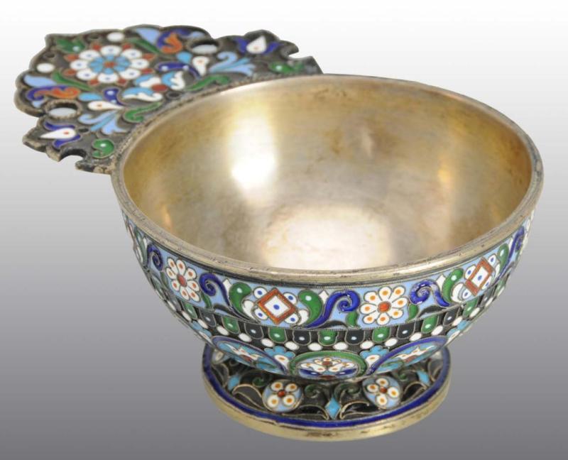 Appraisal: Silver Enamel Bowl with Handle Description Russian Dated No damage