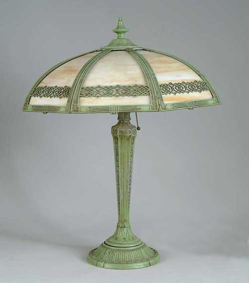 Appraisal: CARMEL SLAG PANEL TABLE LAMP Green painted white metal lamp