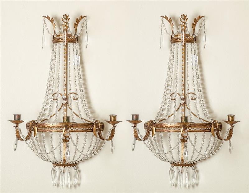 Appraisal: Pair of Empire Style Cut-Glass-Mounted Gilt-Metal Three-Light Sconces Approximately x