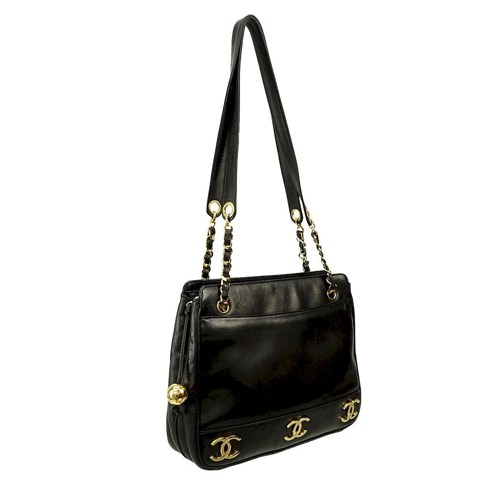 Appraisal: Chanel Tote Chanel Black Leather Shoulder Tote with Triple Logo