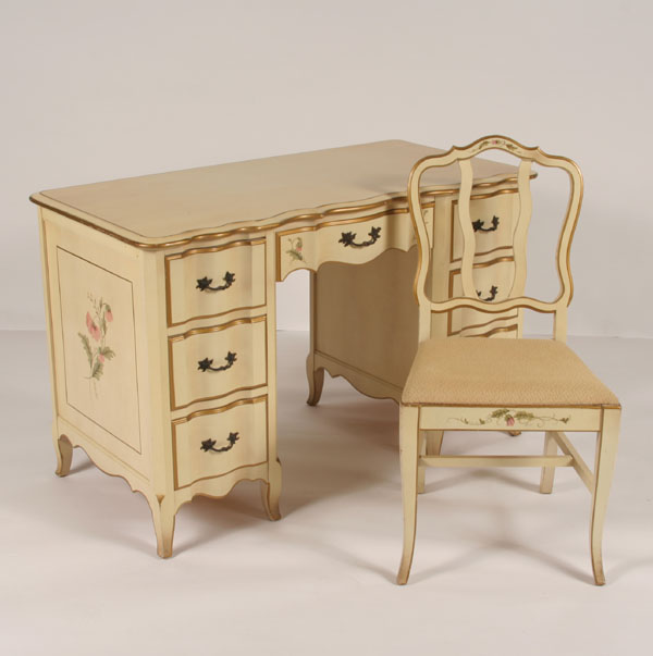 Appraisal: French-style desk and chair painted surface with floral accents seven