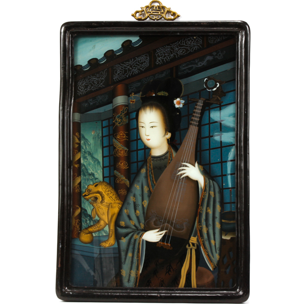 Appraisal: Chinese reverse glass painting of woman with Pipa H x