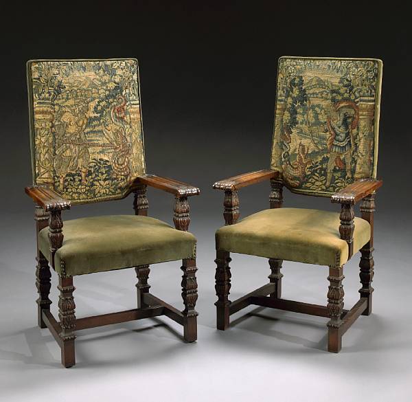 Appraisal: A pair of Louis XIV style carved walnut and tapestry