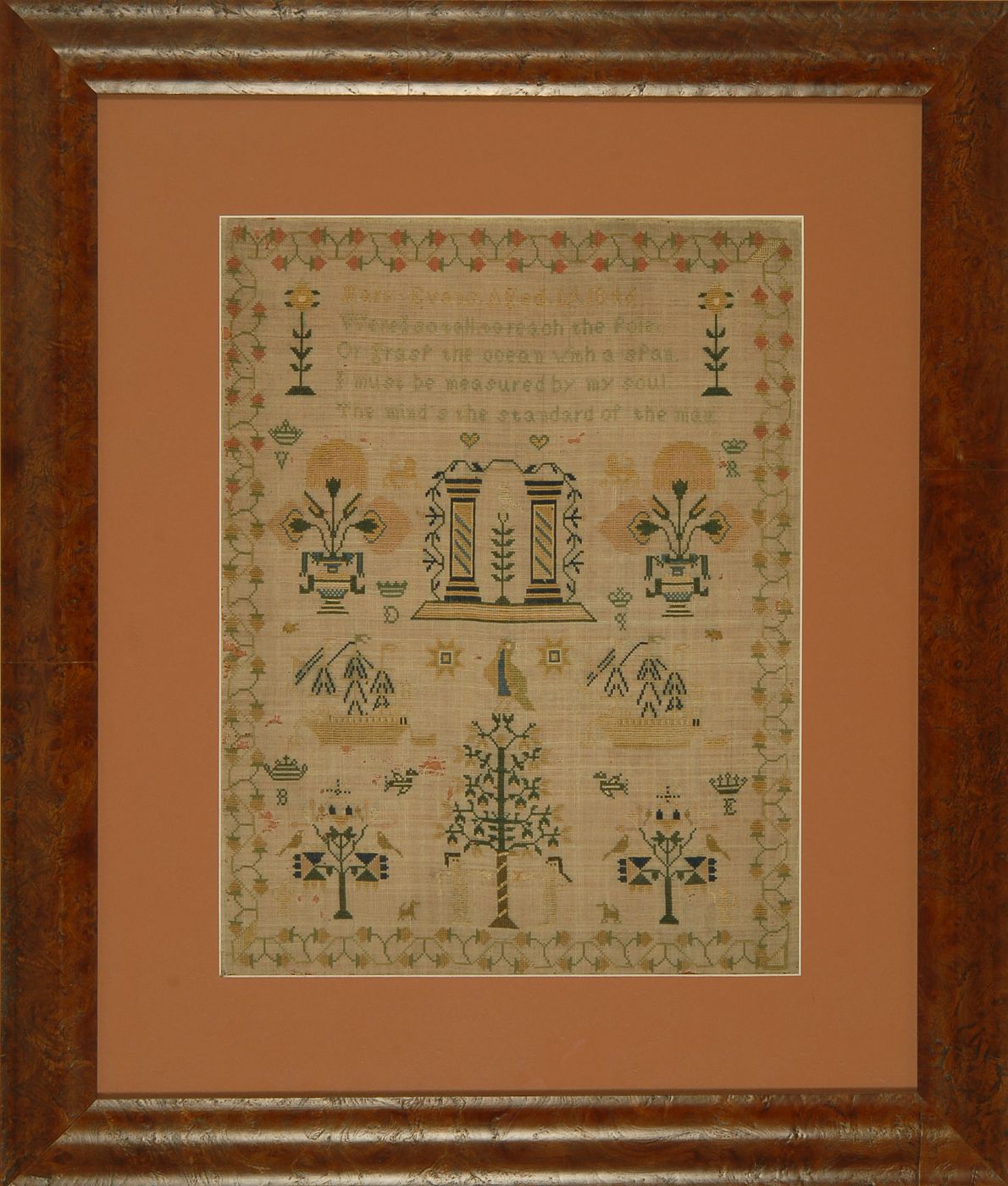 Appraisal: FRAMED AMERICAN NEEDLEWORK SAMPLER th CenturyWrought by Mary Evans in