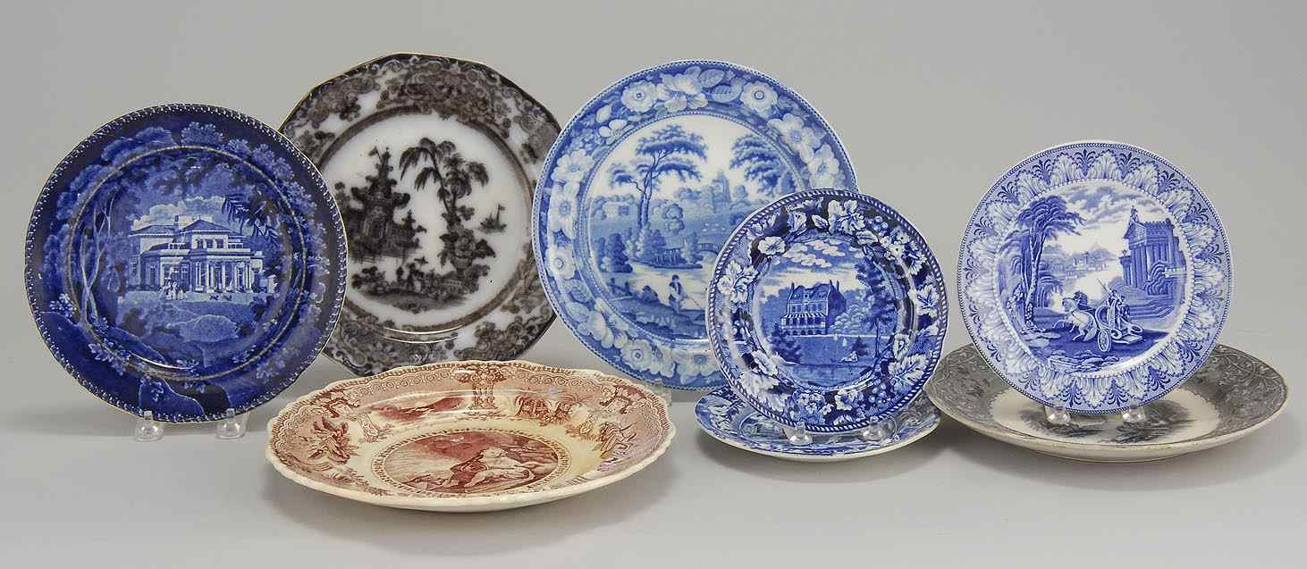 Appraisal: EIGHT TRANSFERWARE PLATES th CenturyIn blues mulberry and lavender Diameters