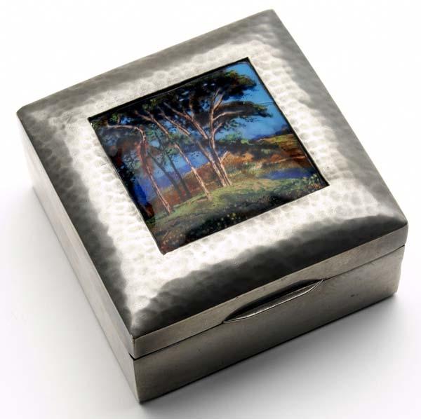 Appraisal: LIBERTY CO Hammered pewter box inset with colorful enameled landscape