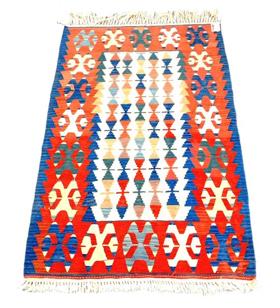 Appraisal: RUG Modern Turkish Kilim scatter rug red ground with multicolored