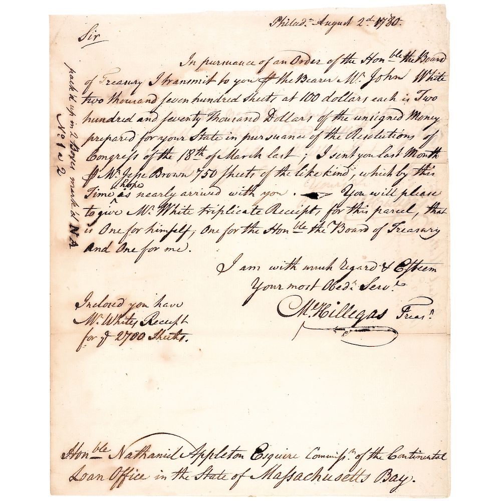 Appraisal: MICHAEL HILLEGAS Signed Financial Letter as Continental Congress Treasurer Autographs