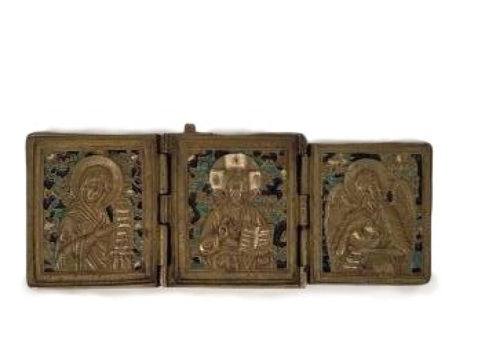 Appraisal: RUSSIAN ORTHODOX BRONZE AND ENAMEL TRIPTYCH ICON FOLD OUT OF