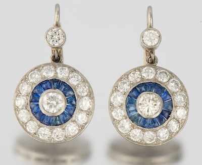 Appraisal: A Pair of Platinum Diamond and Sapphire Earrings Platinum and