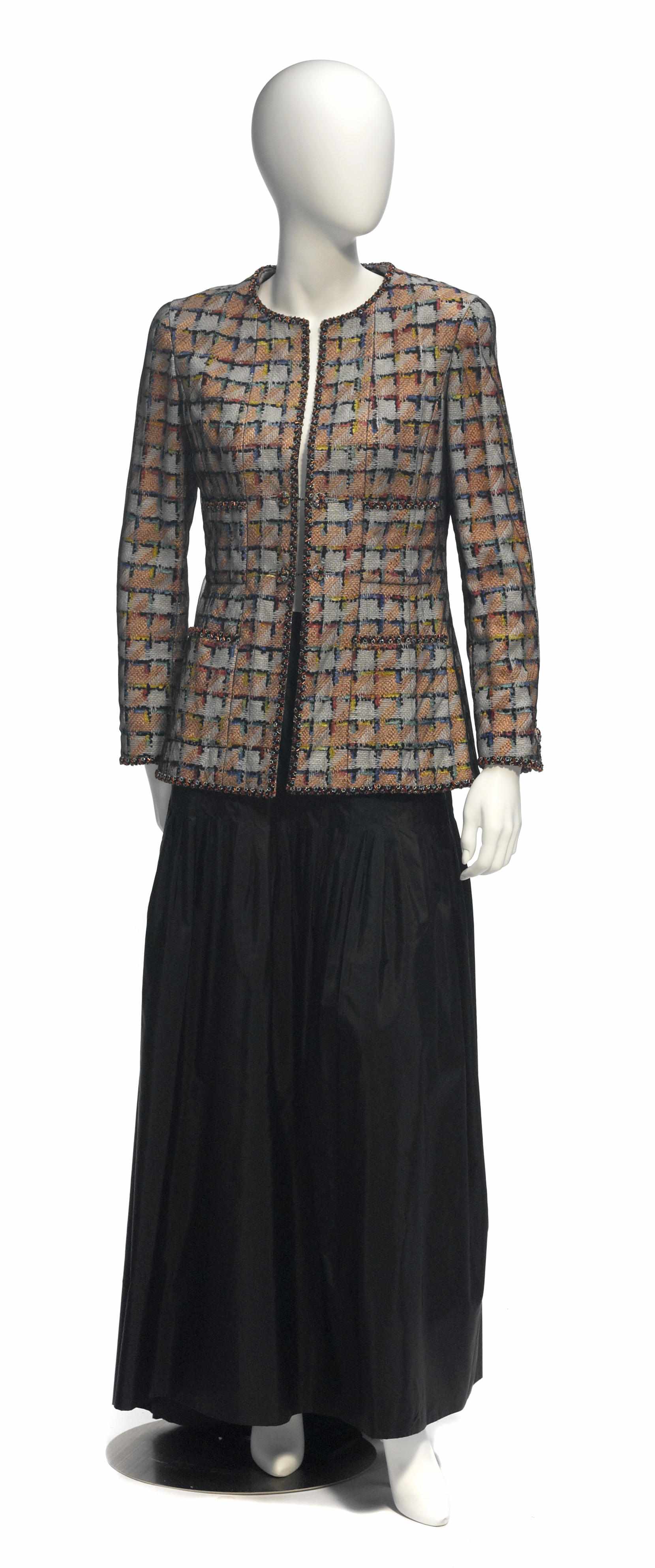 Appraisal: A Chanel multicolored beaded jacket and a black silk skirt