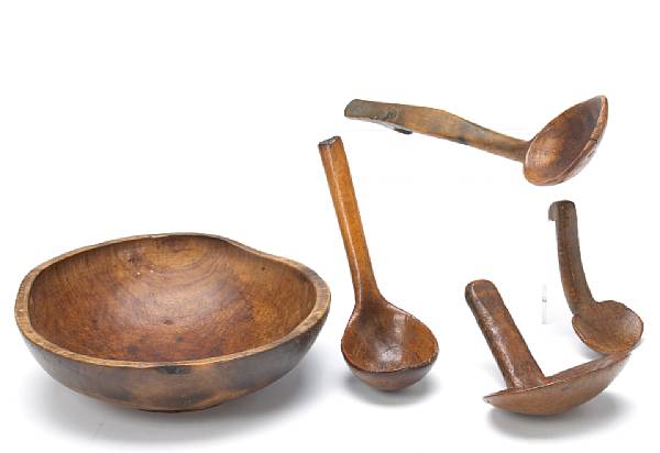 Appraisal: Four treenware dippers and a burlwood bowl th th century