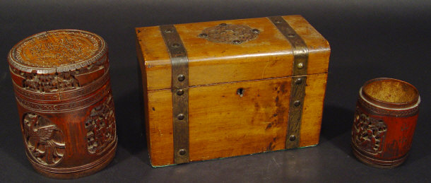 Appraisal: Victorian brass bound walnut stationery box and two cylindrical Chinese