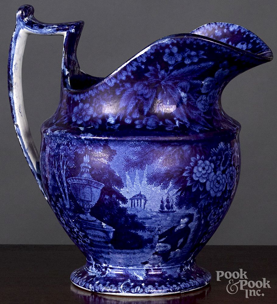 Appraisal: Historical Blue Staffordshire pitcher Historical Blue Staffordshire Lafayette at Franklin's