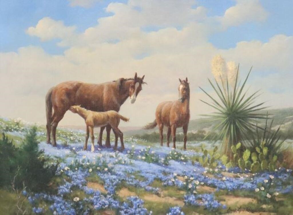 Appraisal: Framed oil on canvas painting Horses in Bluebonnets signed lower