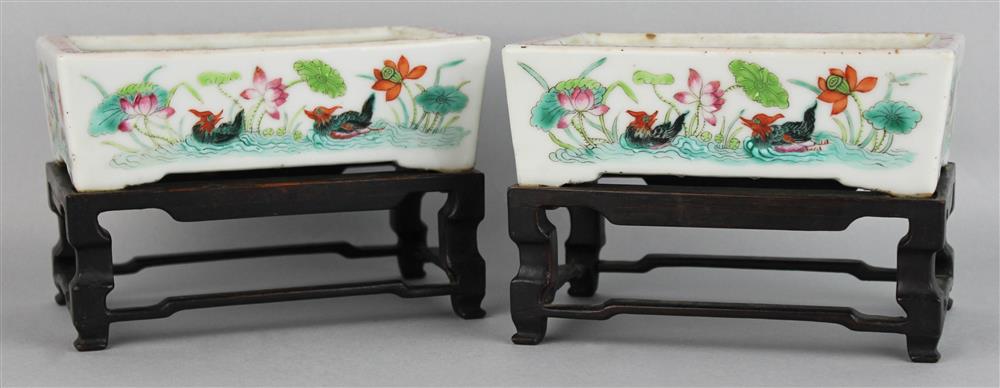 Appraisal: PAIR OF CHINESE FAMILLE ROSE RECTANGULAR JARDINIERES QING DYNASTY possibly