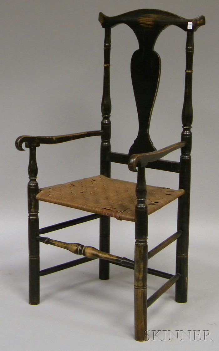 Appraisal: Black-painted Queen Anne Invalid's Armchair with Woven Splint Seat