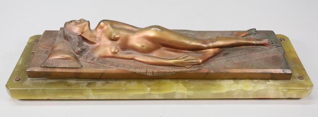 Appraisal: SLEEPING WOMAN PATINATED BRONZE ON GREEN ONYX BASESleeping woman bronze