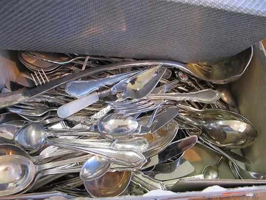 Appraisal: ONE BOX OF ASSORTED SILVER PLATE FLAT WARE