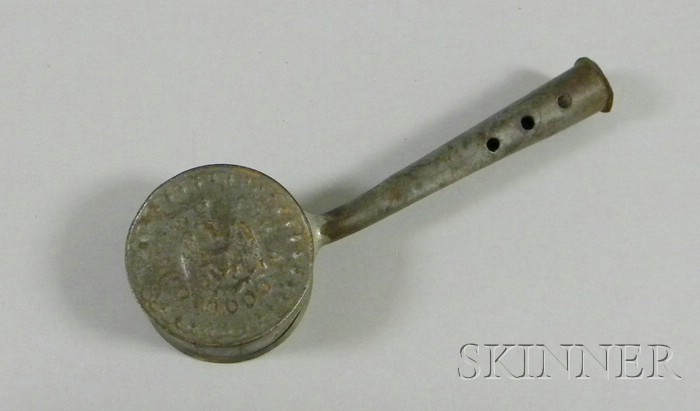 Appraisal: Tin Whistle Rattle with Eagle alphabet impressed on the side