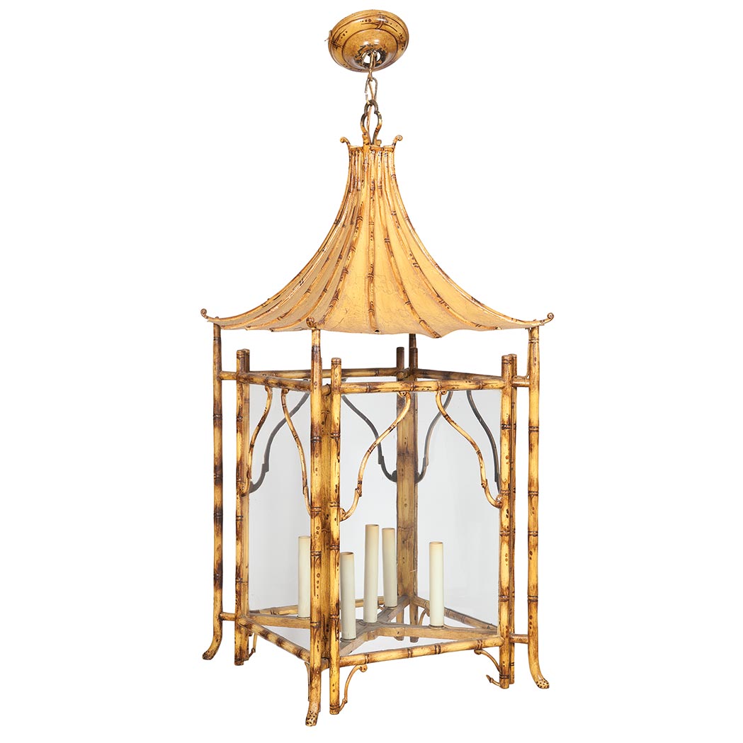 Appraisal: Regency Style Painted Tole and Bamboo Five-Light Lantern The pagoda