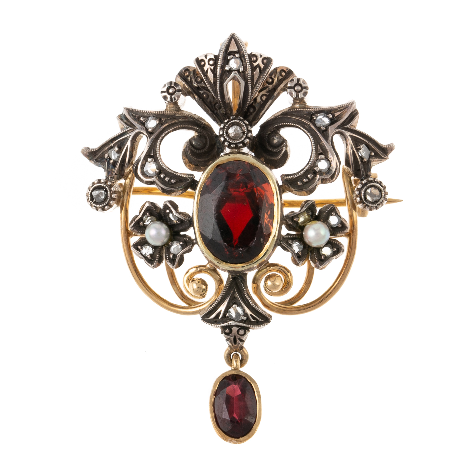 Appraisal: A GEORGIAN DIAMOND PEARL GARNET PIN PENDANT Silver and K