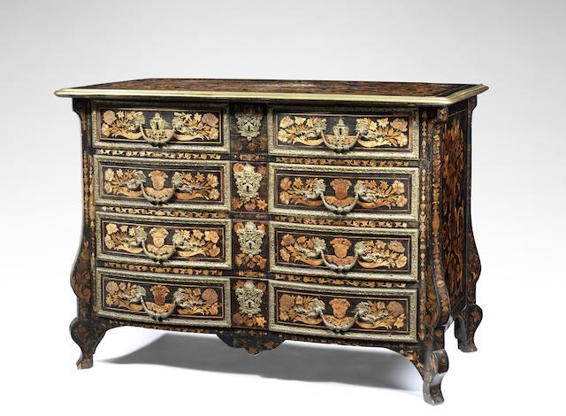 Appraisal: A Louis XIV ormolu-mounted ebony fruitwood and marquetry commode possibly