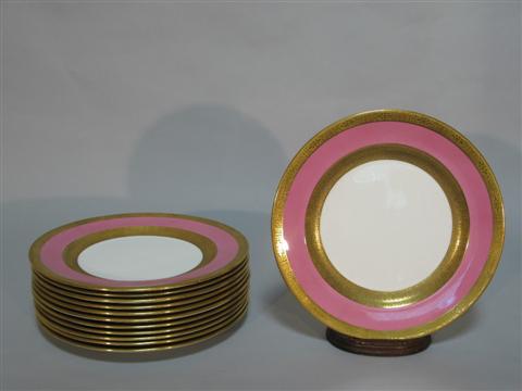 Appraisal: TWELVE SHELLEY PINK AND GILT DINNER PLATES Dia in