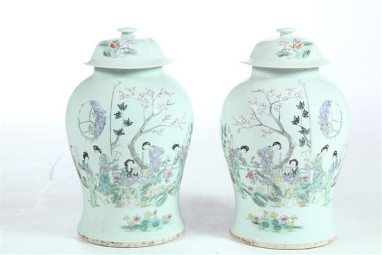 Appraisal: PAIR OF TEMPLE JARS China early th century porcelain Baluster