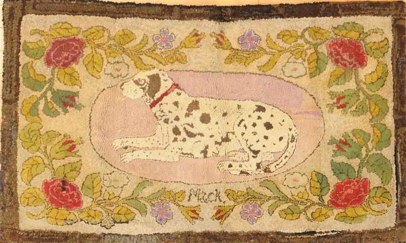 Appraisal: AMERICAN PICTORAL HOOKED RUG With seated spotted hound within floral