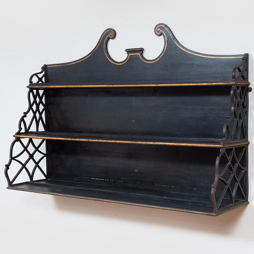 Appraisal: GEORGE III STYLE PAINTED AND PARCEL-GILT THREE-TIER SHELF x x