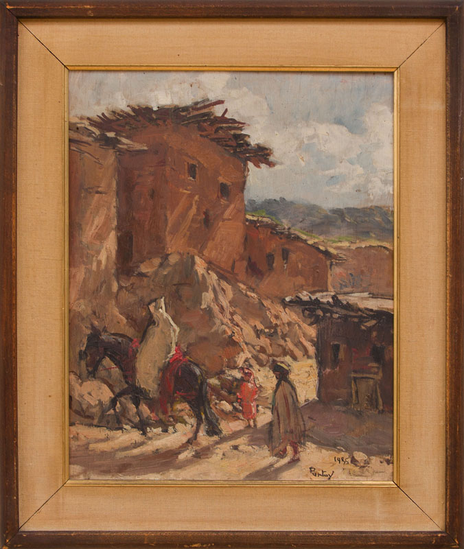 Appraisal: HENRI JEAN PONTOY - MOROCCAN VILLAGE WITH FIGURES Oil on