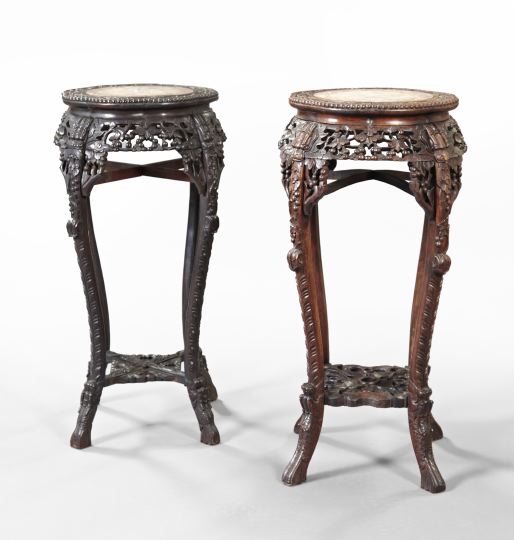 Appraisal: Pair of Chinese Teakwood and Marble-Top Plant Stands early th