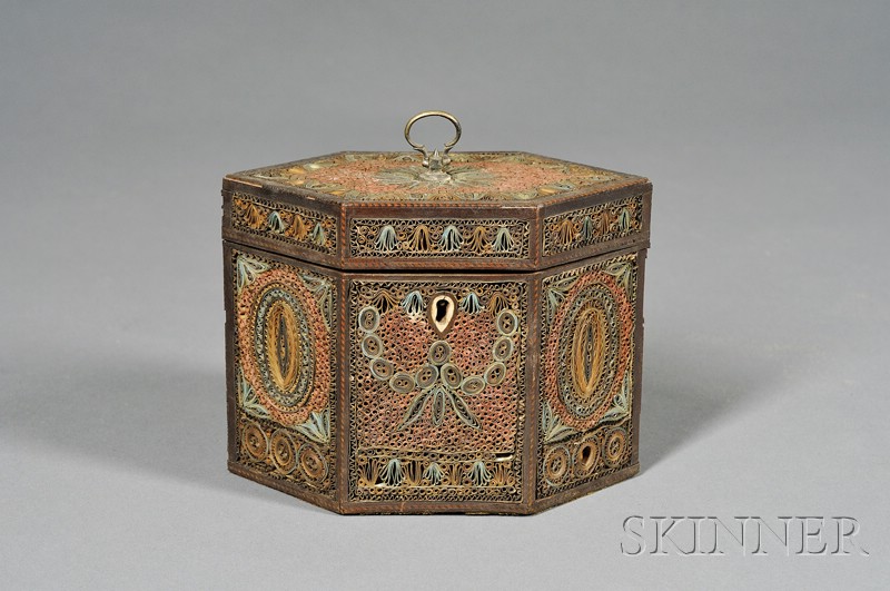 Appraisal: Quill-work Tea Caddy England c hexagonal caddy with fine polychrome