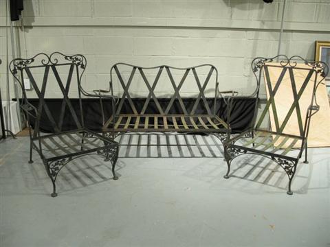 Appraisal: SET OF WROUGHT IRON PATIO FURNITURE Including settee two armchairs