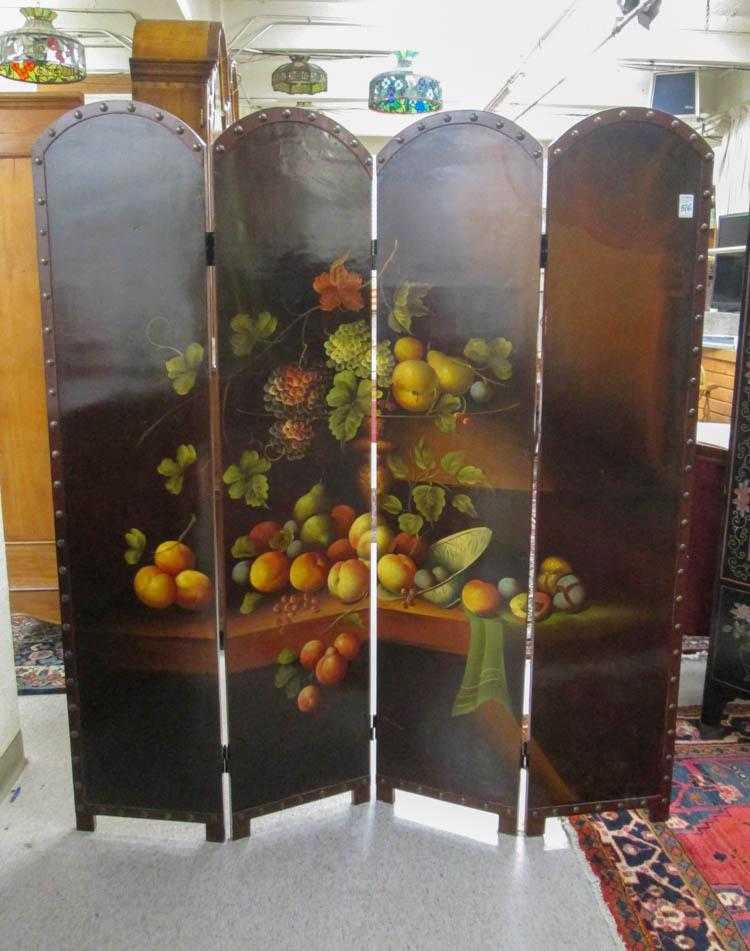 Appraisal: DECORATIVE FOUR-PANEL FLOOR SCREEN one side featuring painted fruit Height