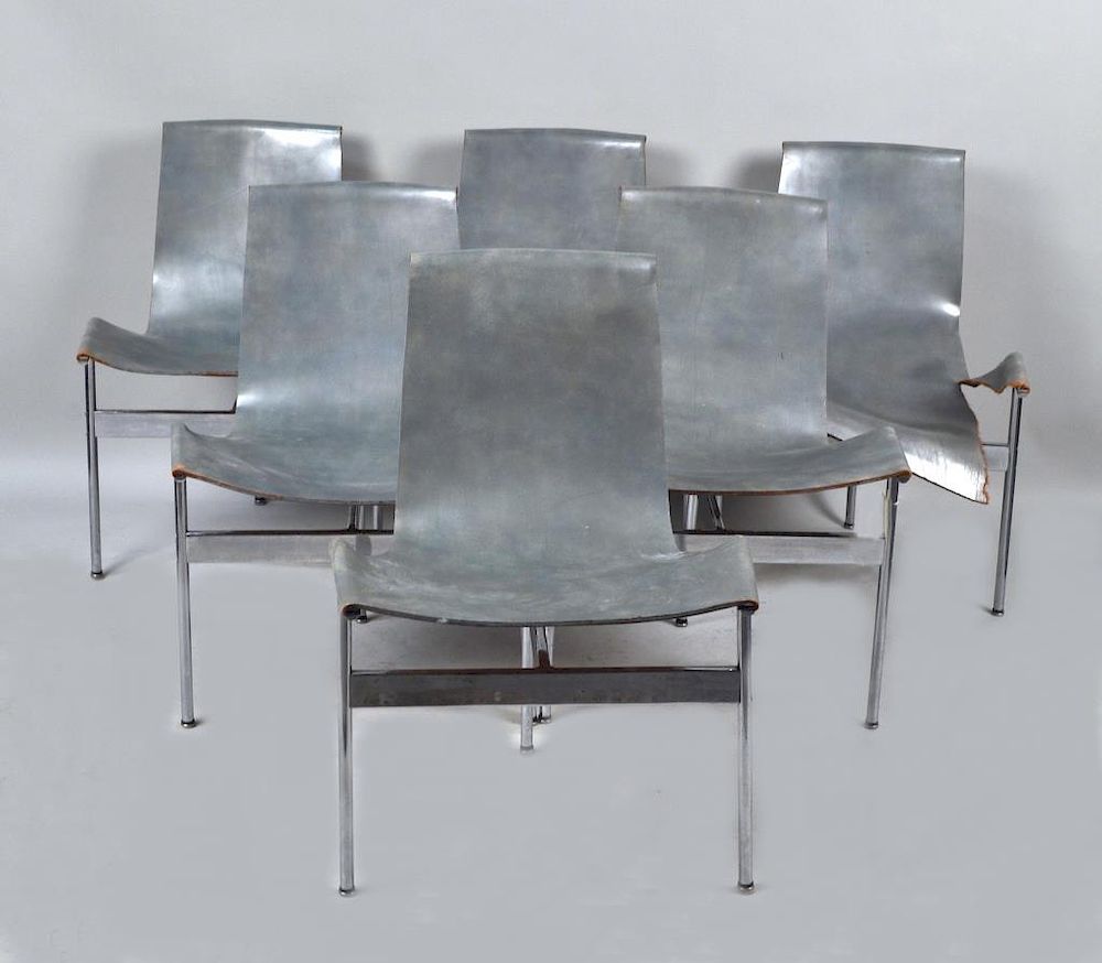 Appraisal: Set Six Katavolos Kelly Littell T-Chairs Modernist leather chrome tripod