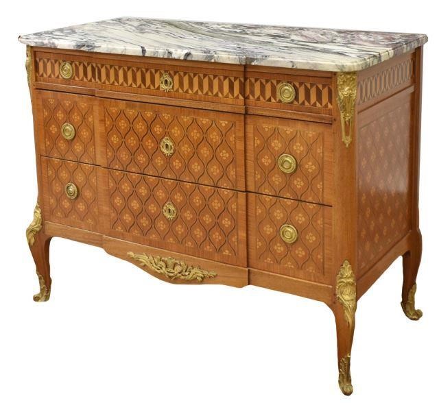 Appraisal: Exceptional French Louis XV style marble-top parquetry commode th c