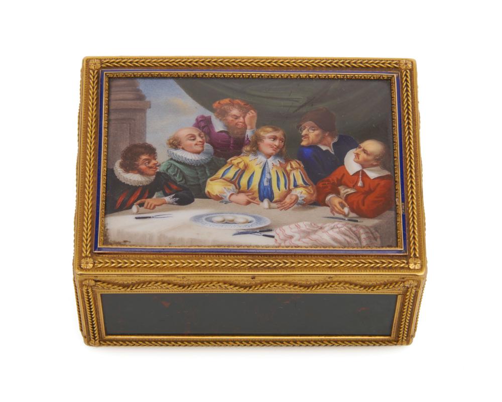 Appraisal: Continental K Gold Painted Porcelain Enamel and Malachite Snuff Box