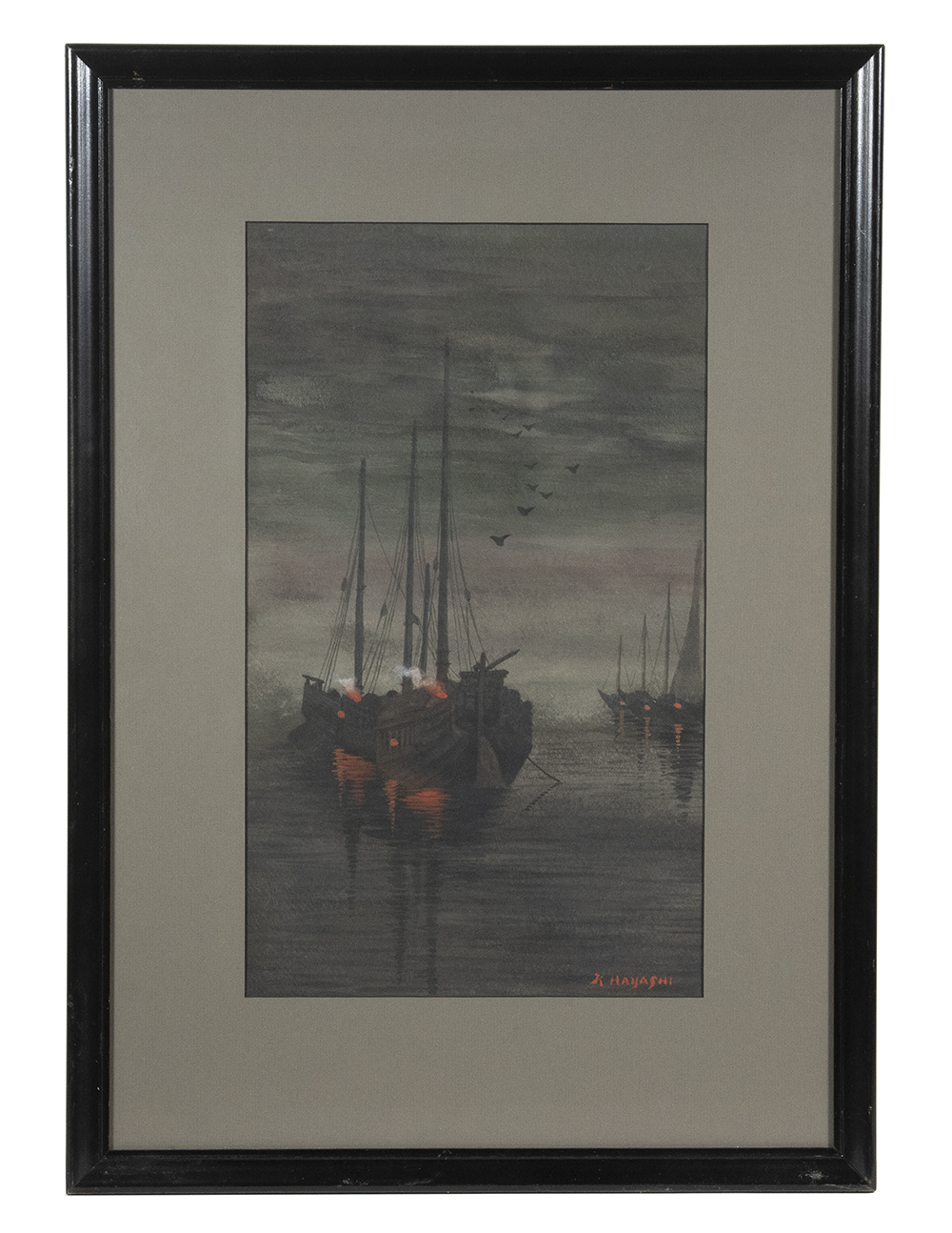 Appraisal: KEIJI HAYASHI TH C JAPAN Nocturnal Scene with Moored Junks