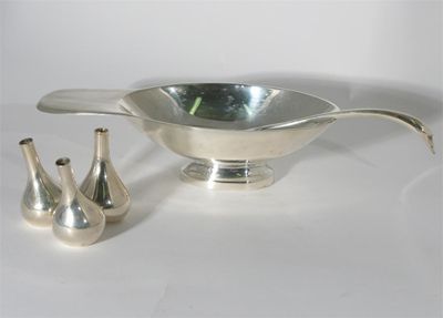 Appraisal: A French electroplated metal sauce boat and ladle after a