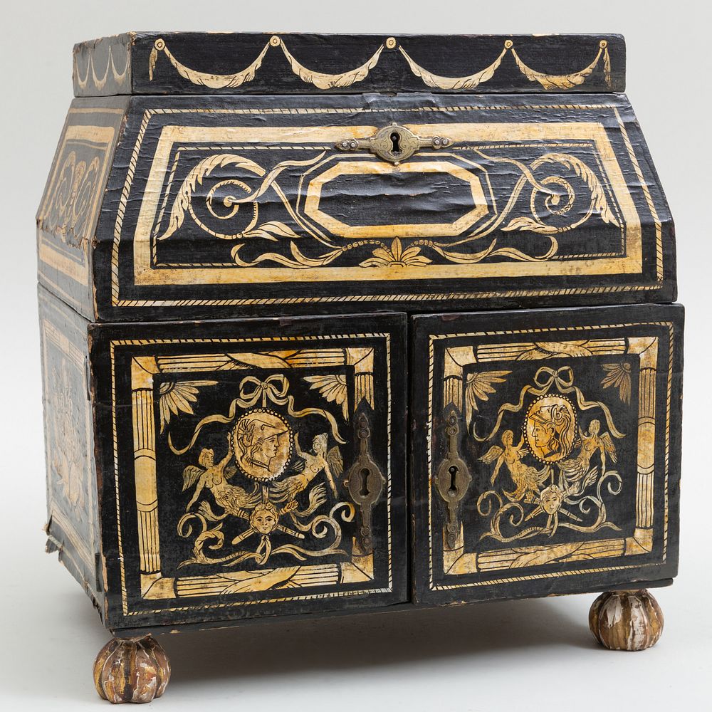 Appraisal: English Paper Decorated Wood Work Box with Silk Work Drawers