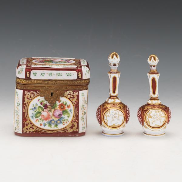 Appraisal: BOHEMIAN GLASS VANITY SET Bohemian ruby and white glass vanity